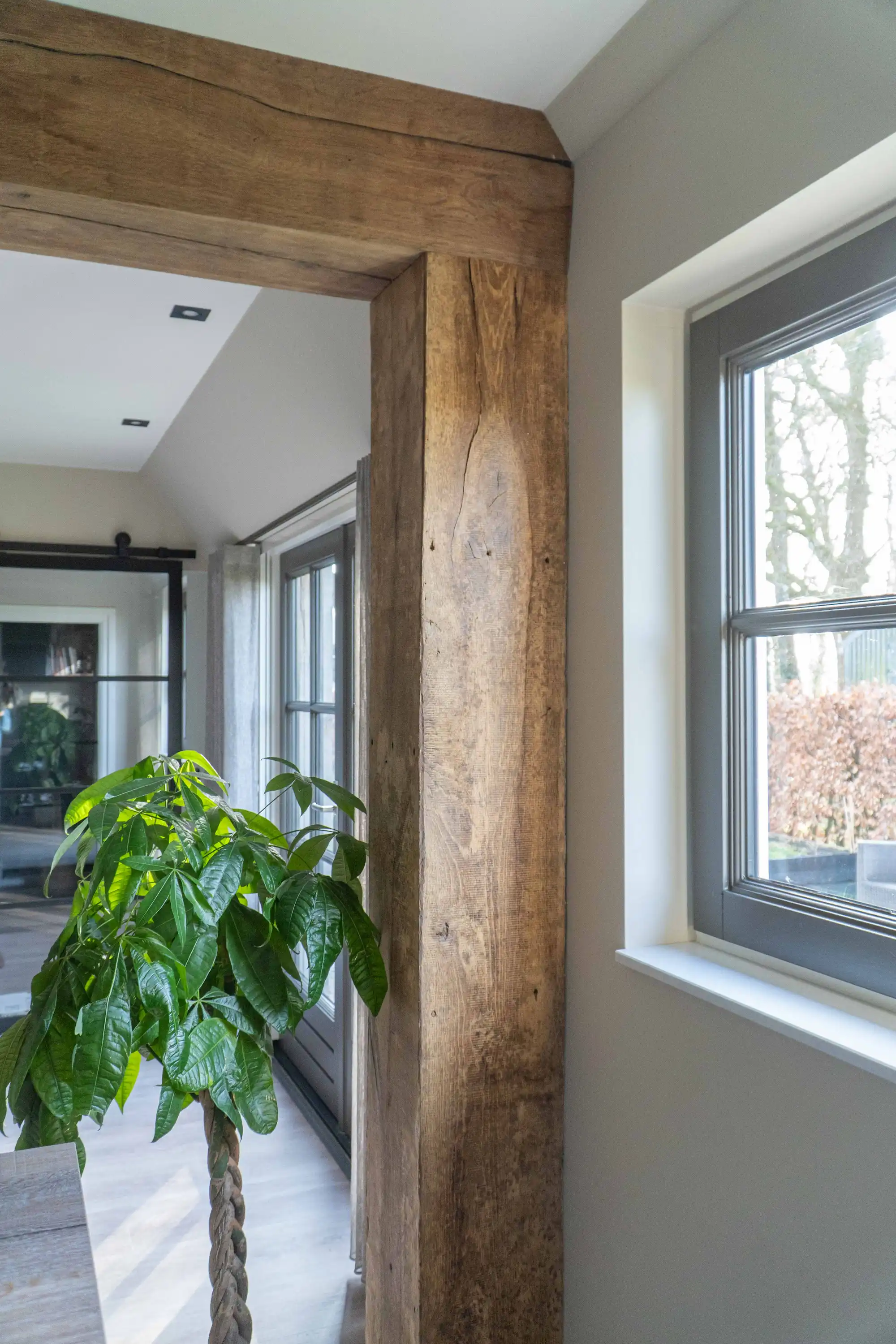 Verkleidung eines Stahlträgers mit Altholz-Eiche in einem hellen Wohnraum mit großem Fenster und grüner Zimmerpflanze.